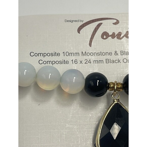 Toni Composite 10mm Moonstone & Black Onyx Beaded Bracket W/Teardrop Pendant New - Picture 2 of 7